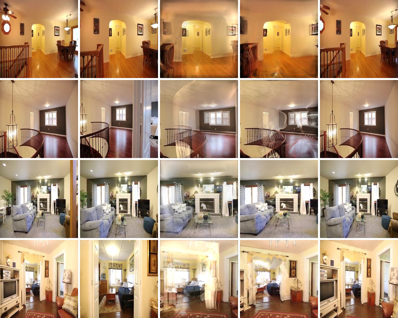 Four RE10K rooms. Each row shows two context views, the prediction of the ASE-trained model, the prediction of the RE10K-trained model, and the ground truth. The ASE-trained predictions are blurrier and show warped stripes on railings and curtains.