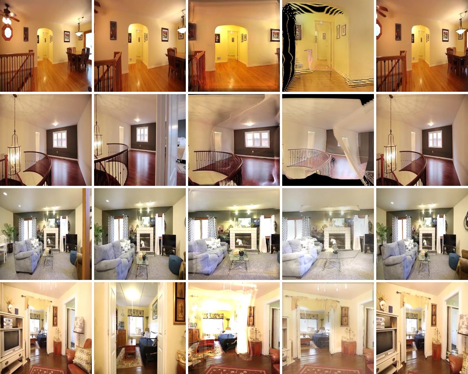 Four RE10K rooms. Each row shows two context views, the MVSplat prediction, the prediction of the model without cost volume, and the ground truth. The modified model produces strong artifacts, including black regions and warped geometry.