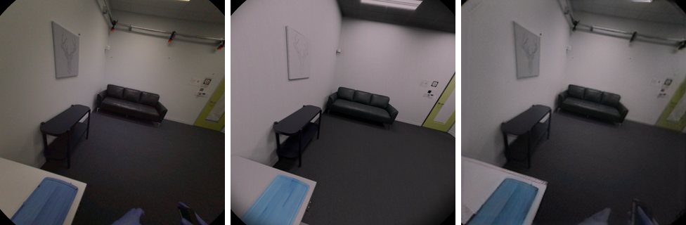 A real office room with a sofa and a side table, the matching synthetic rendering from a slightly different angle, and the model prediction, which is blurrier and brighter than the real image.
