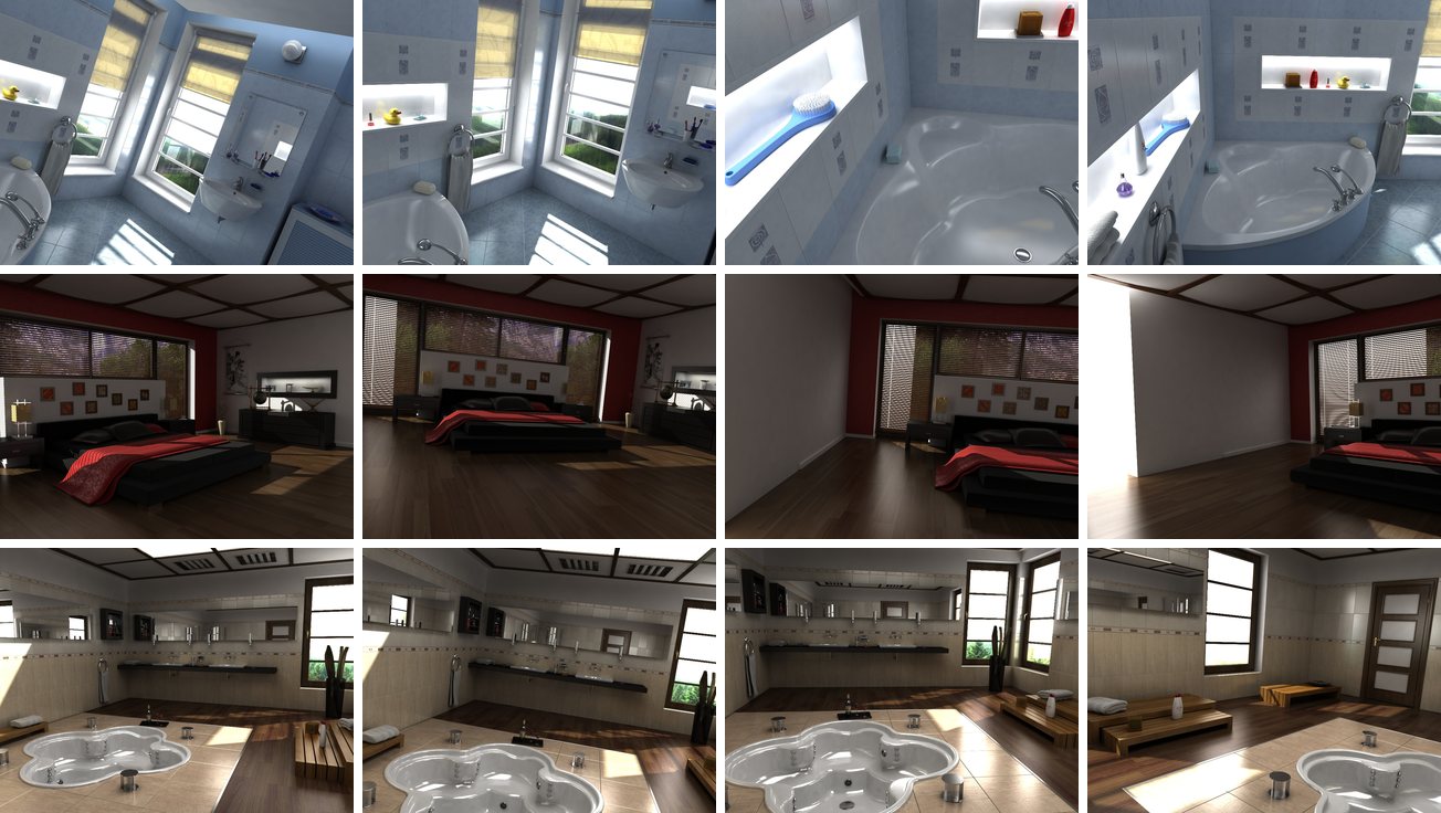 Twelve Hypersim images in three rows of four: a bathroom, a bedroom, and a bathroom with a sunken tub, each from clearly different viewpoints.