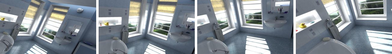 Four Hypersim bathroom images sorted by viewing direction, showing a window and a sink from slightly different angles.