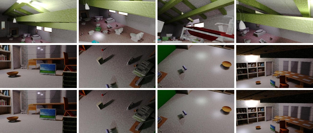 Twelve SceneNet images in three rows of four. Rooms contain a few randomly placed objects on plain floors.